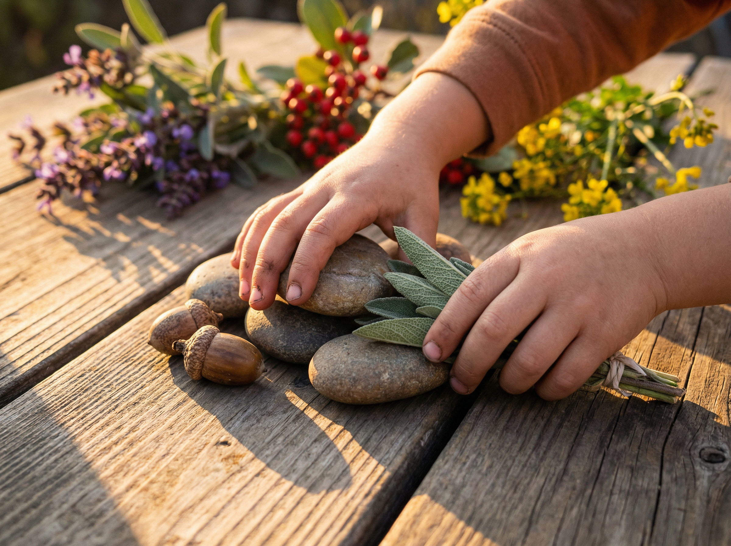Nature close-up at Sandersprouts — stones, sage, and natural materials